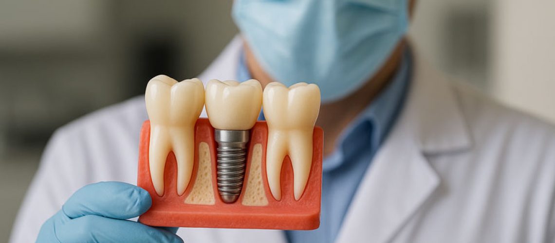 Male dentist holding a model of a dental implant, has a mask on, dental officeMale dentist holding a model of a dental implant, has a mask on, dental office