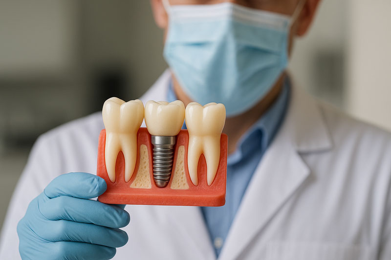 Male dentist holding a model of a dental implant, has a mask on, dental officeMale dentist holding a model of a dental implant, has a mask on, dental office